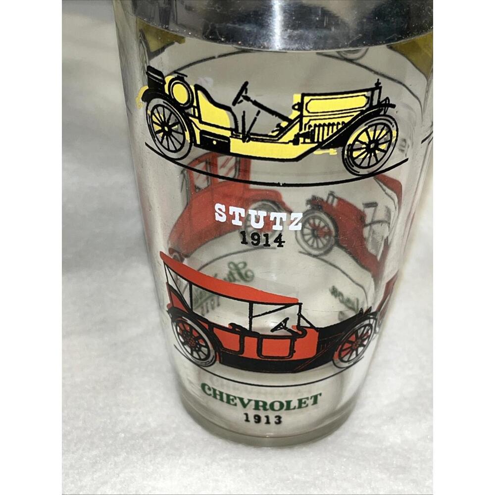 VTG Hazel Atlas Glass Cocktail Shaker & Lid And 4 Glasses Classic Car Designs - Picture 13 of 14